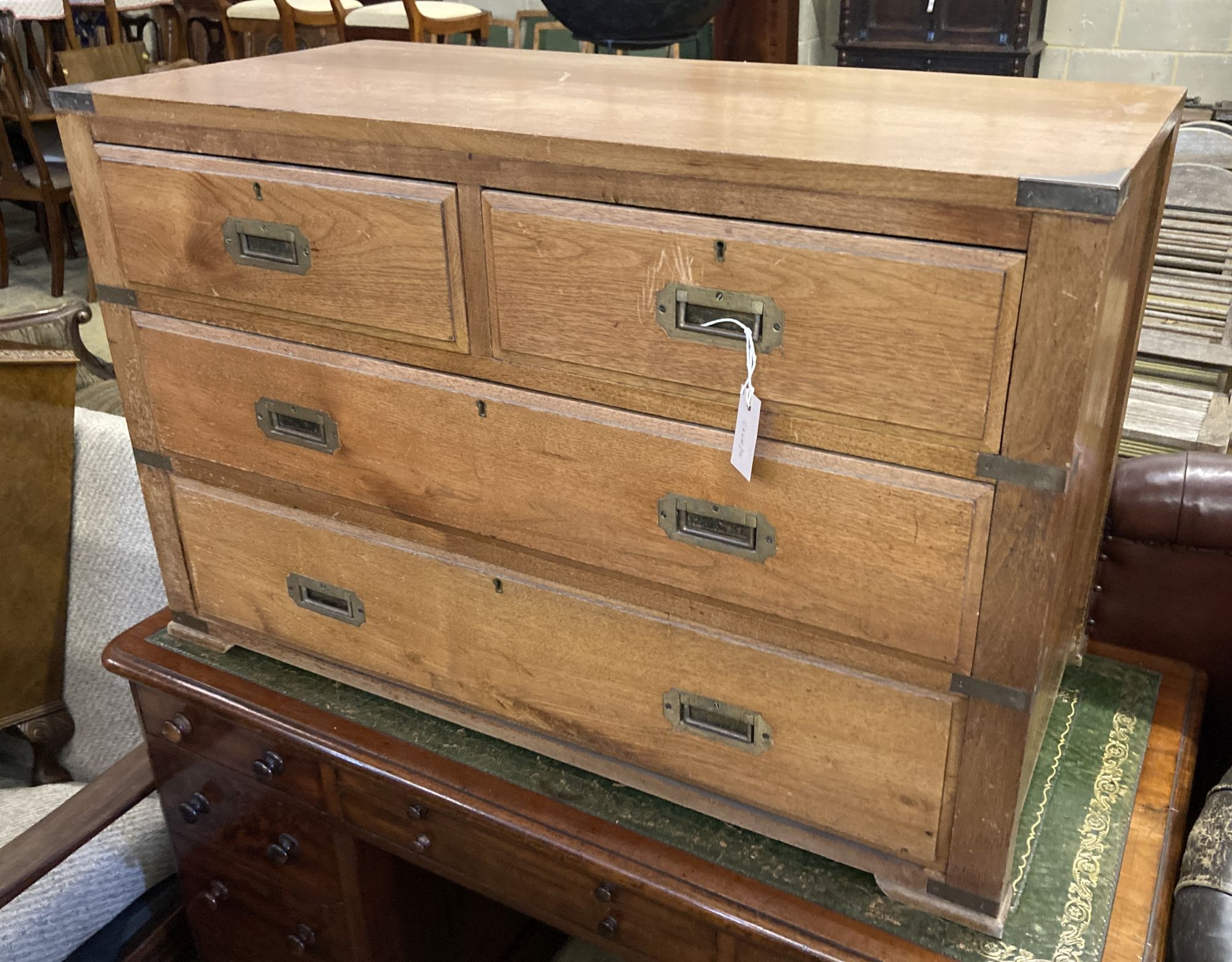 A teak campaign chest, section length 102cm, depth 48cm, height 66cm